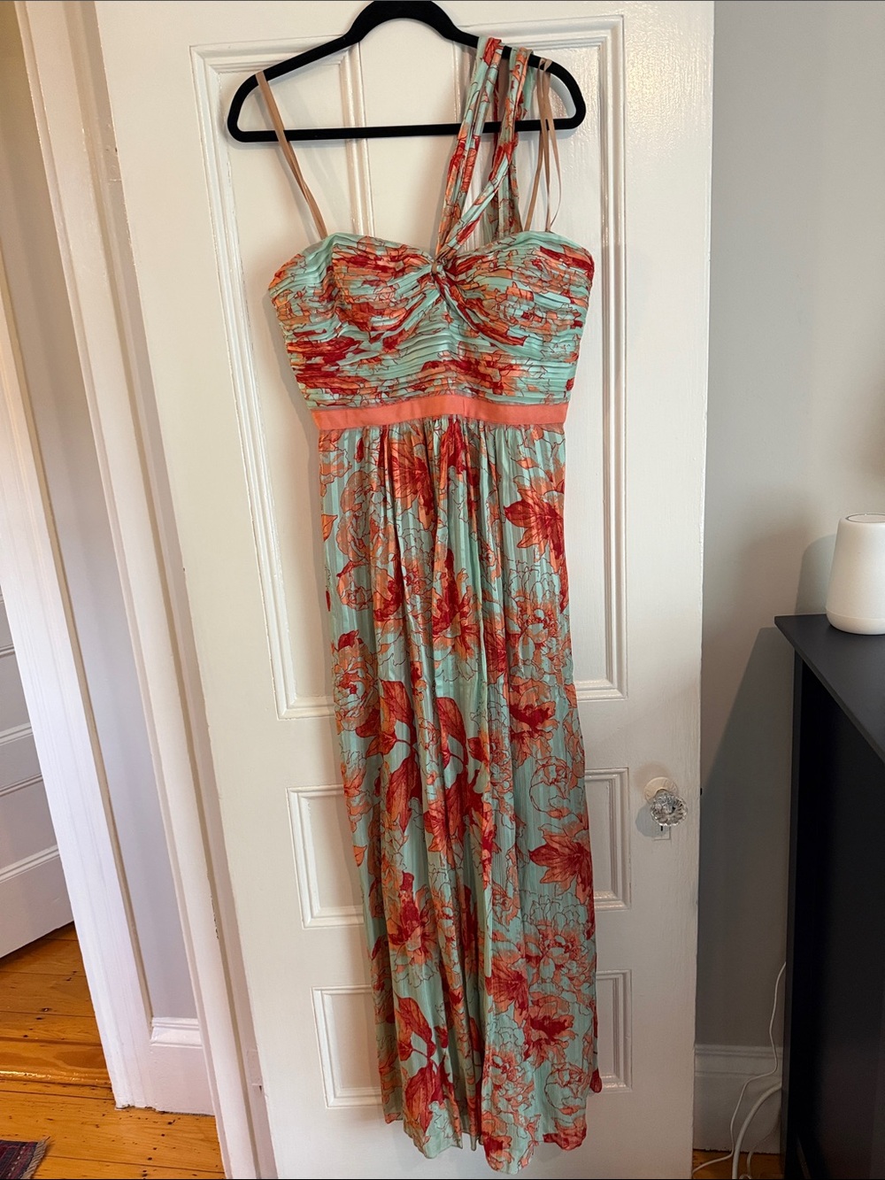 BCBGMaxAzria Aqua and Coral Floral Maxi Dress size 12 aqua mint red orange